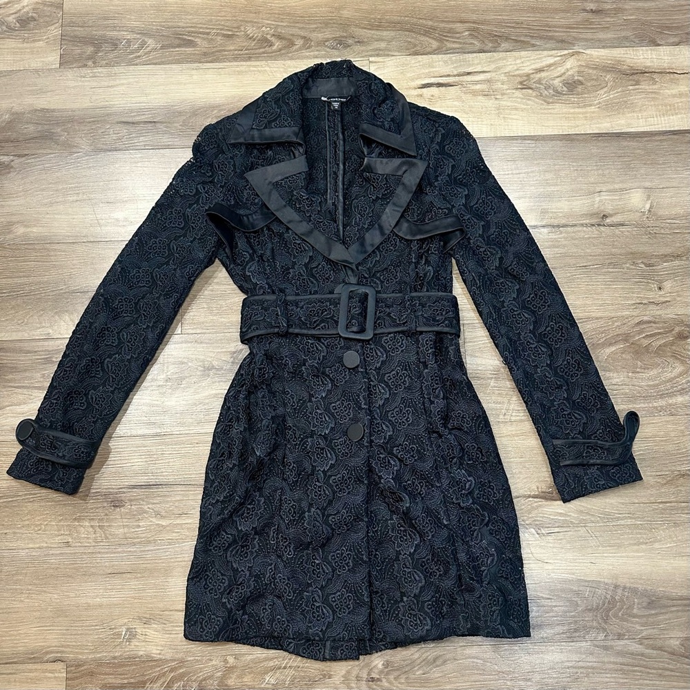 bebe Black SEXY Lace Trench Coat Sateen Trim Belted Size XS